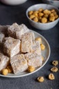 Traditional Turkish delight with hazelnut. Eastern dessert with hazelnut Royalty Free Stock Photo