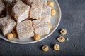 Traditional Turkish delight with hazelnut. Eastern dessert with hazelnut Royalty Free Stock Photo