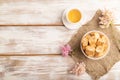 Traditional turkish delight rahat lokum with cup of green tea on a white wooden background. top view, copy space Royalty Free Stock Photo