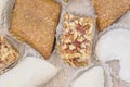 Traditional turkish delight on wooden table. Assorted Oriental sweets. Top view Royalty Free Stock Photo