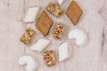 Traditional turkish delight on wooden table. Assorted Oriental sweets. Top view Royalty Free Stock Photo