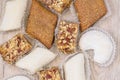 Traditional turkish delight on wooden table. Assorted Oriental sweets. Top view Royalty Free Stock Photo