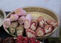 Traditional turkish delights sweets at the Rural market Latvia. Royalty Free Stock Photo