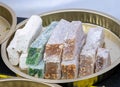 Traditional turkish delights sweets at the Rural market Latvia. Royalty Free Stock Photo