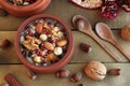 Traditional Turkish Dessert Asure,Noah`s Puddings in ceramic casserole bowls Royalty Free Stock Photo