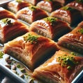 Traditional Turkish dessert baklava with layers of pastry interspersed with nuts and sweetened by honey