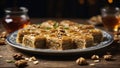 Traditional Turkish dessert baklava with layers of pastry interspersed with nuts and sweetened by honey