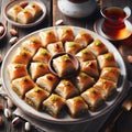 Traditional Turkish dessert baklava with layers of pastry interspersed with nuts and sweetened by honey