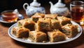 Traditional Turkish dessert baklava with layers of pastry interspersed with nuts and sweetened by honey