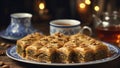 Traditional Turkish dessert baklava with layers of pastry interspersed with nuts and sweetened by honey