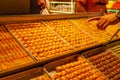 Traditional Turkish dessert baklawa in different flavors and styles in the Egyptian bazaar in Istanbul