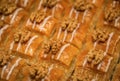 Traditional Turkish dessert, fresh walnut baklava at a shop in Istanbul, Turkey Royalty Free Stock Photo