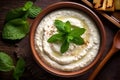 Traditional Turkish dish of yogurt and eggplant puree with mint leaves - Ali Nazik meze. Garnish for barbecue in a clay plate on a Royalty Free Stock Photo