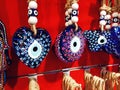 Traditional turkish evil eye charm lockets at a shop