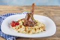 Traditional Turkish Food Lamb`s shank and rice. Slow cooked lamb`s shank with eggplant Royalty Free Stock Photo