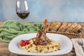 Traditional Turkish Food Lamb`s shank and rice. Slow cooked lamb`s shank with eggplant Royalty Free Stock Photo