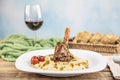 Traditional Turkish Food Lamb`s shank and rice. Slow cooked lamb`s shank with eggplant Royalty Free Stock Photo