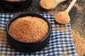 Traditional Turkish Homemade Dry Soup `Tarhana` grains in casserole bowl on fabric napkin Royalty Free Stock Photo