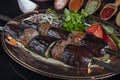 Traditional Turkish kebabs. Eggplant kebab, Adana kebab. With tomatoes, peppers, garlic, bulgur pilaf and herbs.Turkish name;