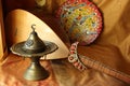 Traditional turkish lamps, national musical instrument baglama saz, handmade plate and crown jewelery. magnificent century.