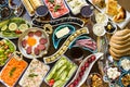 Traditional Turkish Large Breakfast on the wooden table. Royalty Free Stock Photo