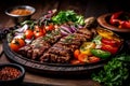 Traditional Turkish mens dish of grilled vegetables and kebab, dish close-up. Useful healthy food with a traditional diet. AI