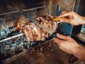 Traditional turkish oltu cag crochet shish kebab doner grilled in wood fired oven Royalty Free Stock Photo