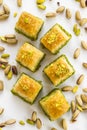 Turkish Pastry Dessert Pistachio Dry Baklava Background,on white surface