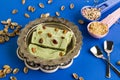 Traditional Turkish Pistachio Maras Ice Cream sliced in the vintage copper bowl Royalty Free Stock Photo