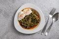 Traditional Turkish spinach meal with rice and minced meat with yogurt on a white porcelain plate Royalty Free Stock Photo