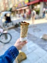 Traditional Turkish Street Food Lahmacun Holding in Hand Royalty Free Stock Photo