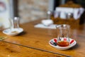 Traditional Turkish tea that is drunk near a cafe on the market street of Istanbul Royalty Free Stock Photo