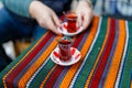 Traditional Turkish tea that is drunk near a cafe on the market street of Istanbul Royalty Free Stock Photo