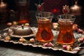 Traditional Turkish  tea in traditional  glass cups on  dark table Royalty Free Stock Photo