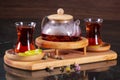 Traditional turkish tea and marble background.