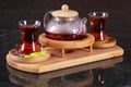 Traditional turkish tea and marble background.