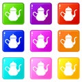 Traditional Turkish teapot icons 9 set