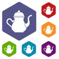 Traditional Turkish teapot icons set hexagon