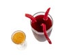 Traditional turnip pickle juice on white background. A bottle of Turkish Turnip Juice, Salgam Suyu, pouring in glass