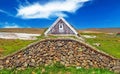 Traditional typical isolated old viking grass turf house, beautiful central highlands landscape, blue summer sky - Hveravellir, Royalty Free Stock Photo