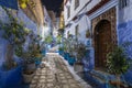 Traditional and typical moroccan architectural details in Chefchaouen, Morocco Africa Narrow and beautiful street of blue medina.