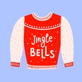 Traditional ugly Christmas sweater with lettering Jingle bells. Funny holiday clothes with cute print Royalty Free Stock Photo