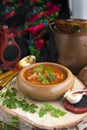 Traditional Ukrainian beet soup borscht in wooden bowl with garlic buns pampushka and dry cured pork belly on rustic wooden table Royalty Free Stock Photo