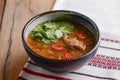 Traditional Ukrainian beetroot soup - borscht or borshch with meat and fresh green parsley over wooden background. Royalty Free Stock Photo