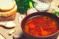 Traditional Ukrainian borsch, red beet soup, borshch with beet, Ukrainian and russian national food Royalty Free Stock Photo