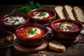 Traditional Ukrainian borscht . Bowl of red beetroot soup borscht with white cream.