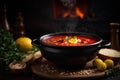 Traditional Ukrainian borscht on dark background. Commercial promotional food photo