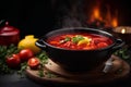 Traditional Ukrainian borscht on dark background. Commercial promotional food photo