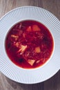 Traditional Ukrainian borscht. Plate of red beet root soup borsch. Traditional Ukraine food cuisine. Royalty Free Stock Photo