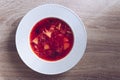 Traditional Ukrainian borscht. Plate of red beet root soup borsch. Traditional Ukraine food cuisine. Royalty Free Stock Photo